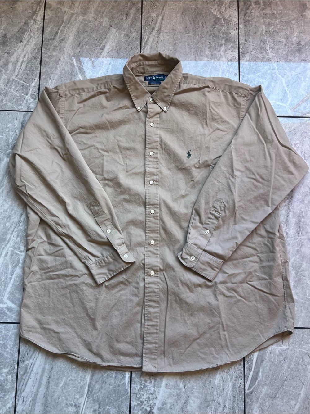 Ralph Lauren Blake Men’s Tan 100%Cotton Green Pony Button Up Shirt VTG 90S 2XL